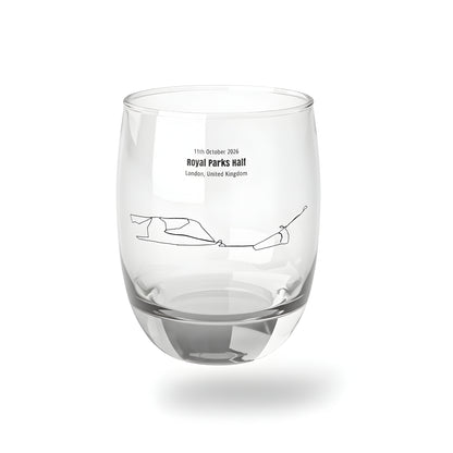 Clear glass tumbler with custom Strava route print art design and text on a white background
