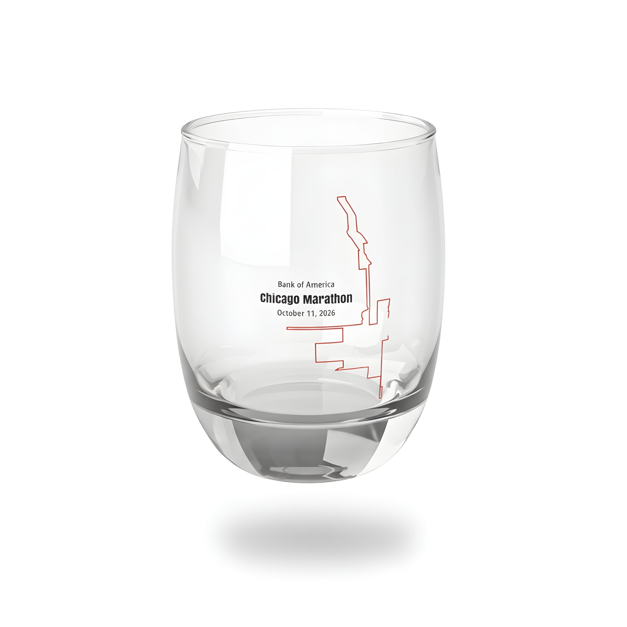 Clear glass with a printed custom Strava route art of the Chicago Marathon on a white background