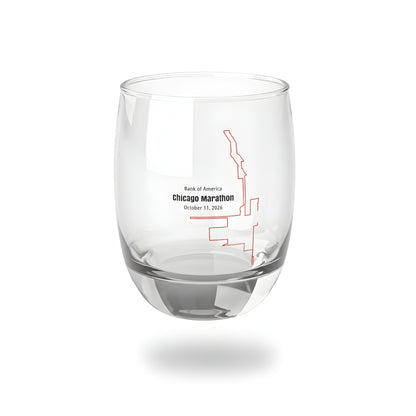 Clear glass with a printed custom Strava route art of the Chicago Marathon on a white background
