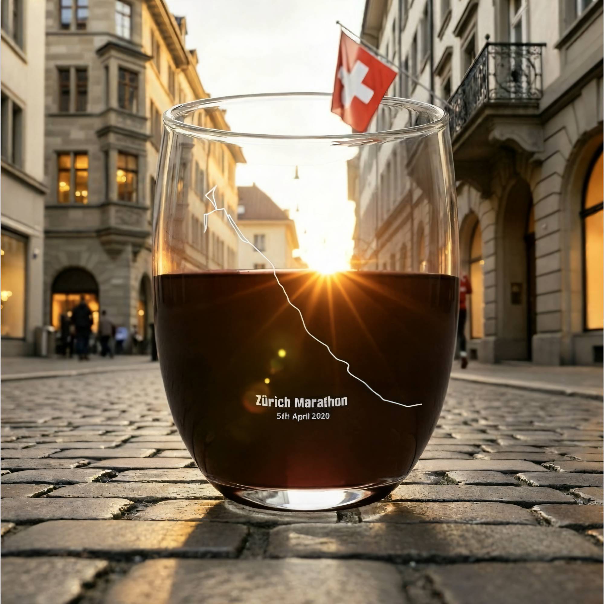 Glass of red wine with 'Zurich Marathon' custom Strava route print art design on a cobblestone street with buildings and a Swiss flag in the background.