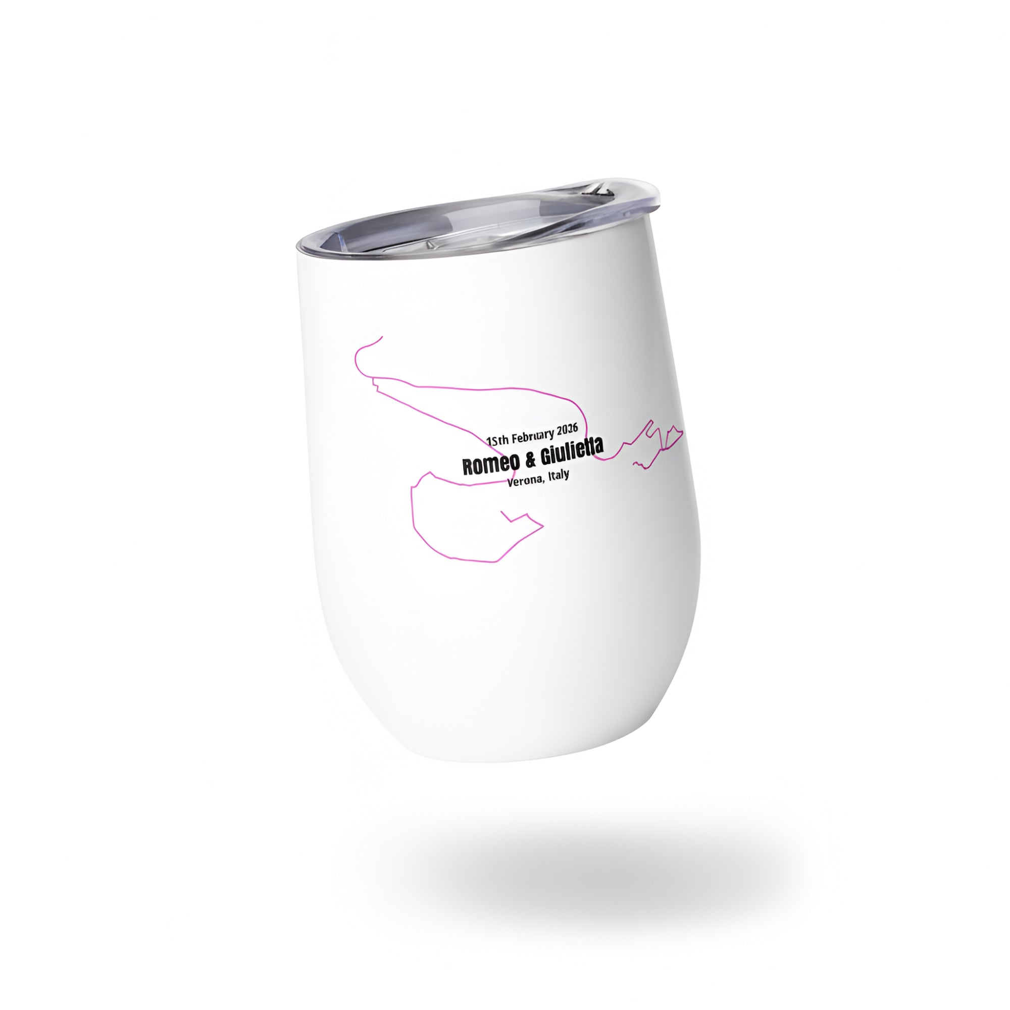 White tumbler with silver rim and custom Strava route print art on a white background