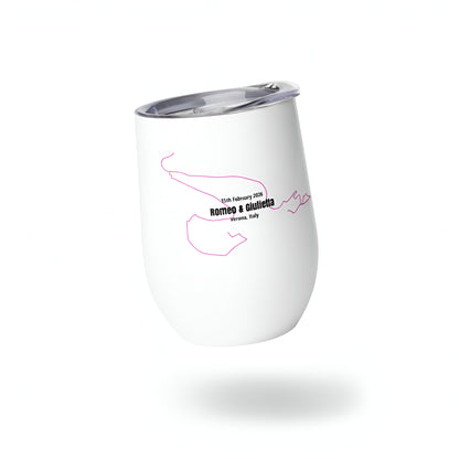 White tumbler with silver rim and custom Strava route print art on a white background