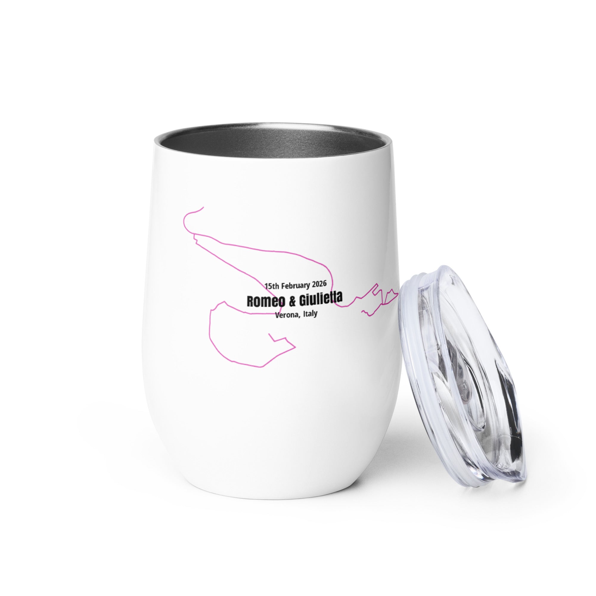 White tumbler with custom Strava route print art design and text on a white background
