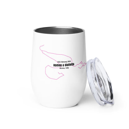 White tumbler with custom Strava route print art design and text on a white background