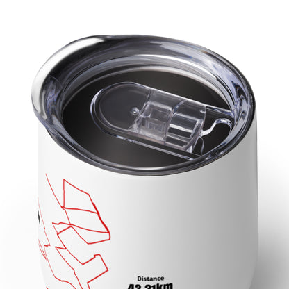 White tumbler with red custom Strava route print art design and clear lid on a white background