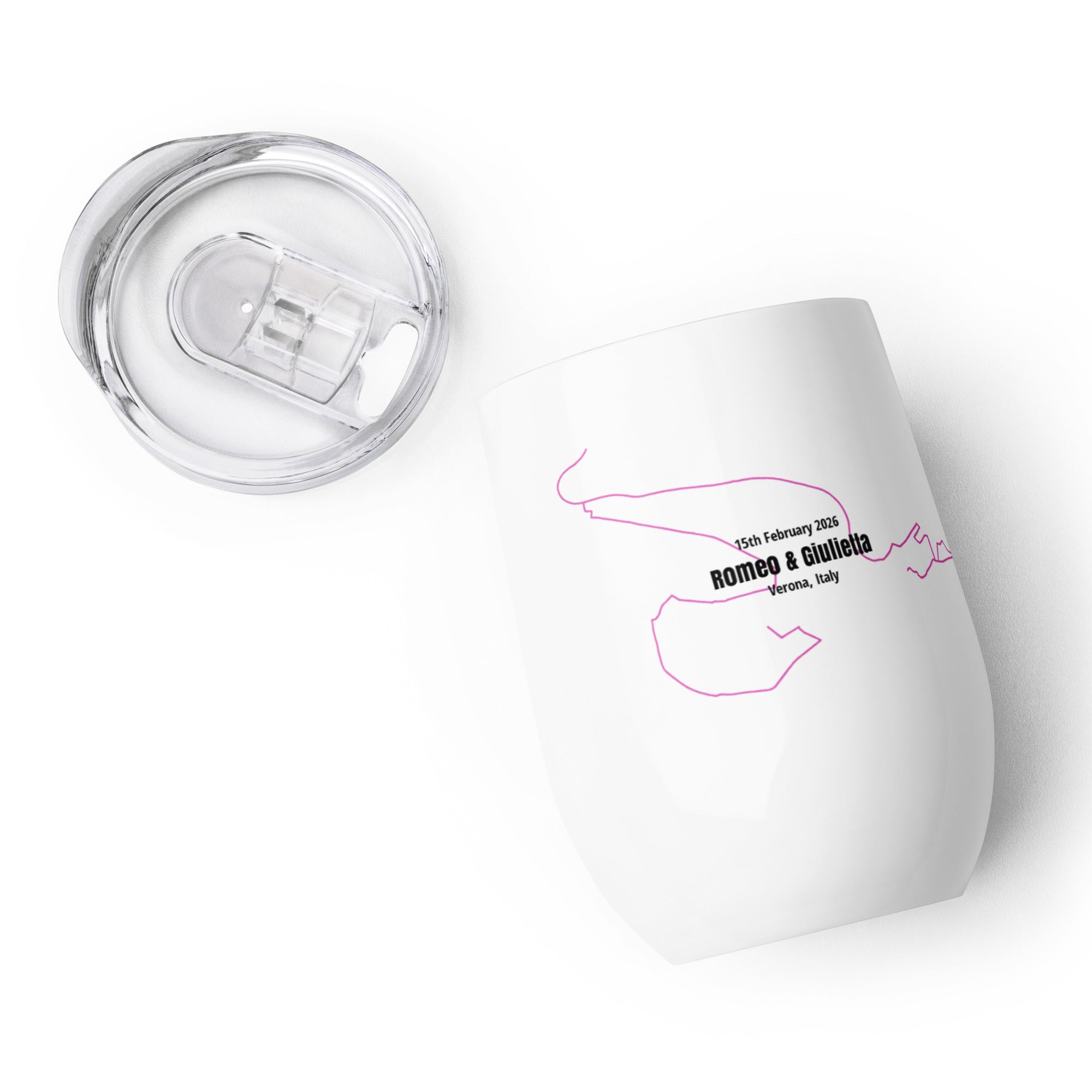 White tumbler with clear lid featuring a custom Strava route print art design and text on a white background