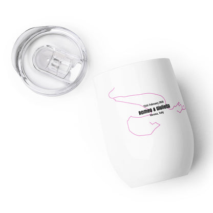 White tumbler with clear lid featuring a custom Strava route print art design and text on a white background