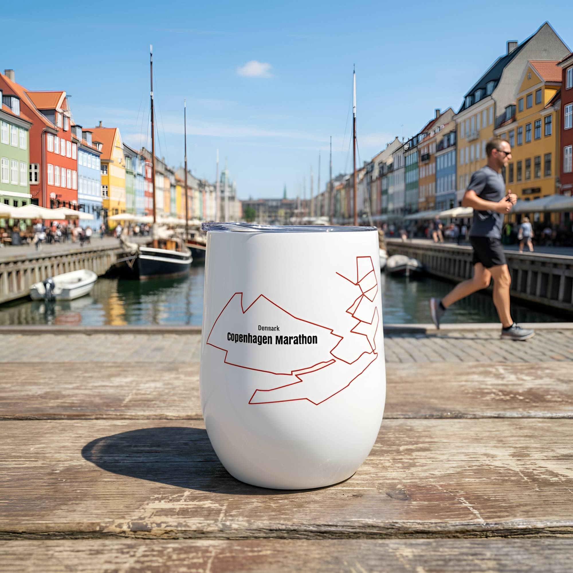 White cup with Copenhagen Marathon custom Strava route print art design on a wooden dock with colorful buildings and a runner in the background.