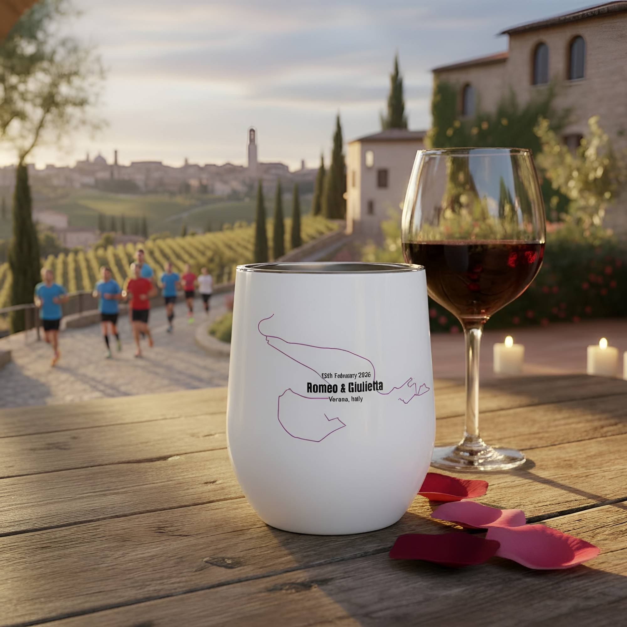 White wine tumbler with custom Strava route print art design and a glass of red wine on a wooden table with a scenic background.
